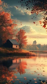 Autumnal lakeside cabin under stratified evening cloudfield.