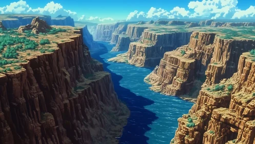 Vast stylized canyon river winds between towering cliffs.