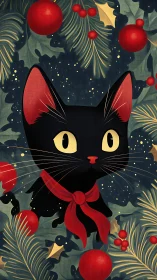 Stylized black cat portrait framed by festive botanical motifs