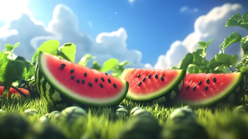Sunlit watermelon slices glow warmly in a summer garden