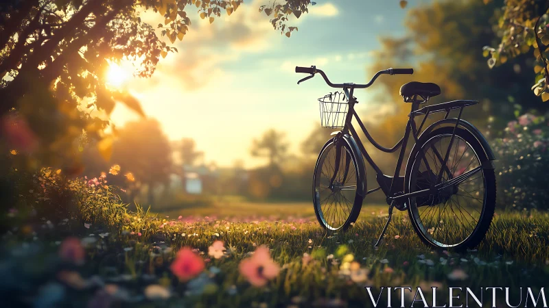 Bicycle in grassy field beneath golden hour sunlight.