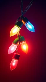 Colorful holiday string lights against deep red background.