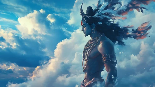 Side profile of adorned male figure against dense cloudscape