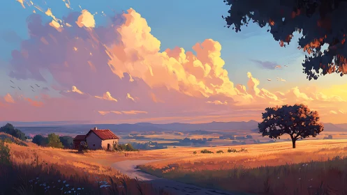 Rural landscape with farmhouse, lone tree and sunset sky.