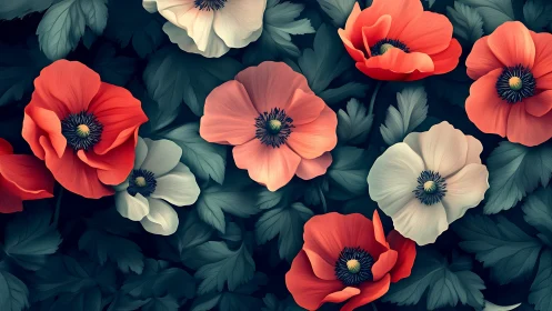 Vibrant Poppies Bloom Against Deep Teal Garden.