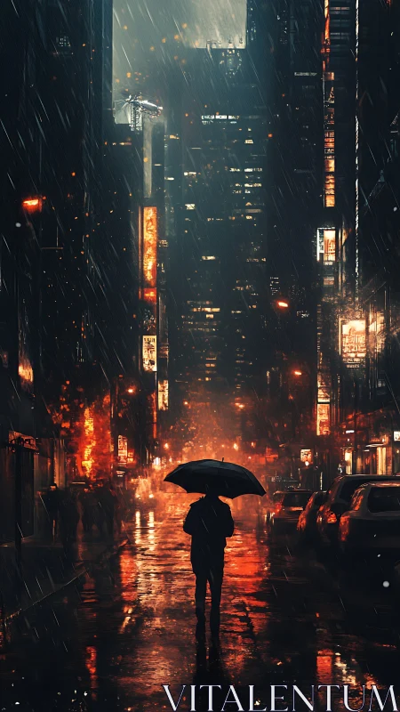 Cyberpunk rain corridor with silhouetted figure and neon reflections.