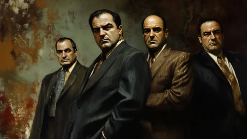 Imposing suited mobsters stand in moody, painterly light.