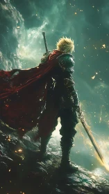 Armored swordsman stands over molten fantasy chasm.