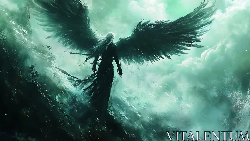 Winged humanoid figure stands in mist above inclined terrain