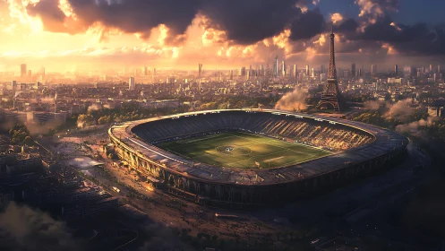 Large football stadium in urban skyline at sunset in Paris.