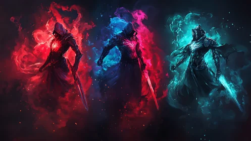 Elemental sword wraiths stride through fire and frost.