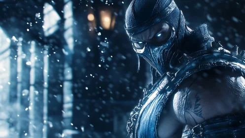 Masked armored warrior in snowy blue-lit environment.