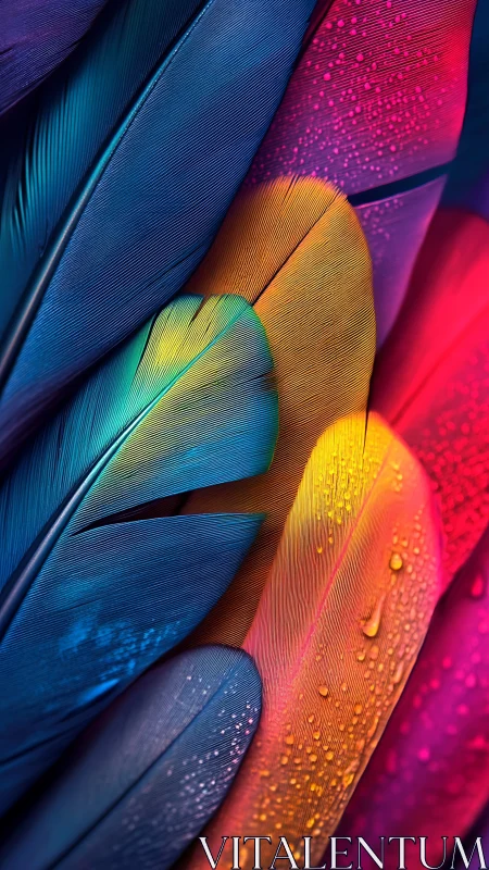 Vivid macro closeup of multicolored feathers with droplets.