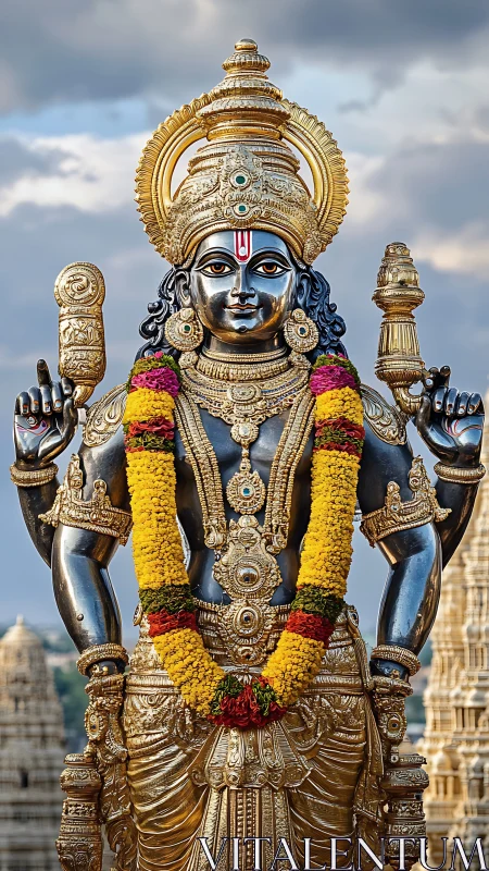 Ornate metallic deity sculpture with garlands at temple complex.