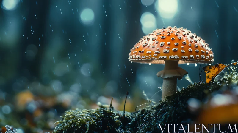 Rain-kissed toadstool monarch glowing in a misty forest.