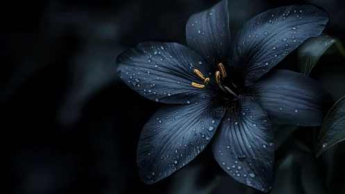 Midnight bloom with rain-kissed petals and golden stamens.