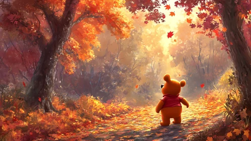 Bear character on forest path under warm autumn light.