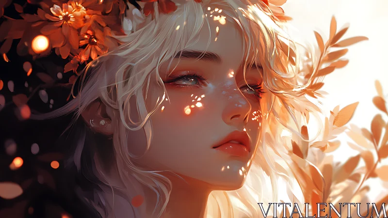 Soft light on blonde woman surrounded by warm foliage.