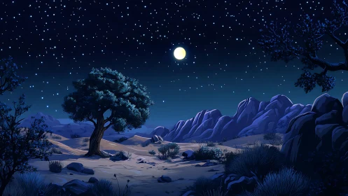 Moonlit desert valley rests beneath a calm starlit sky