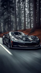 Black sports coupe on forest road in motion blur scene.