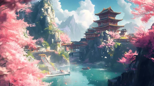 Riverside pagoda complex amid pink blossom mountain gorge.