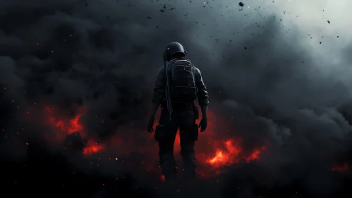 Lone tactical soldier strides through burning battlefield smoke