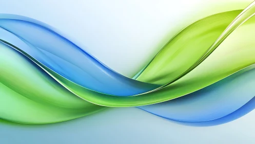Blue and green translucent waves curve across white field