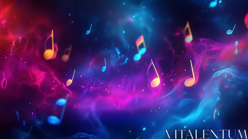Multicolored music notes float over abstract light trails