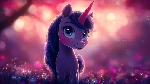 Whimsical violet unicorn under luminous bokeh sunset.
