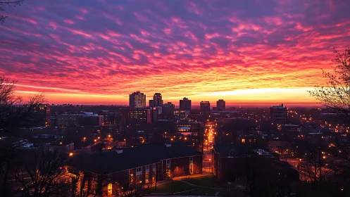City sunrise wrapped in fiery clouds and quiet golden streets.