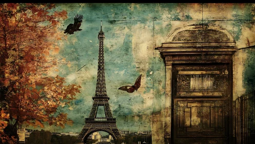 Eiffel Tower collage with door, crow, butterfly, autumn trees.