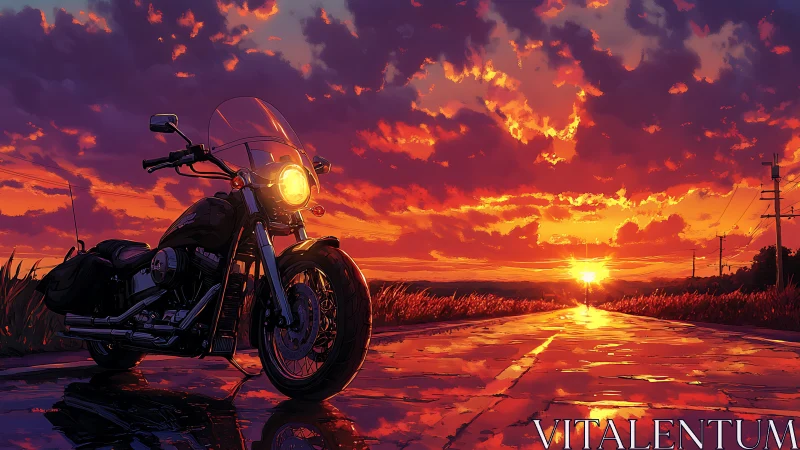 Touring motorcycle anchors a luminous sunset highway panorama