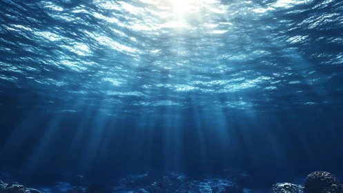 Sunlit underwater seascape with blue water and seabed rocks.