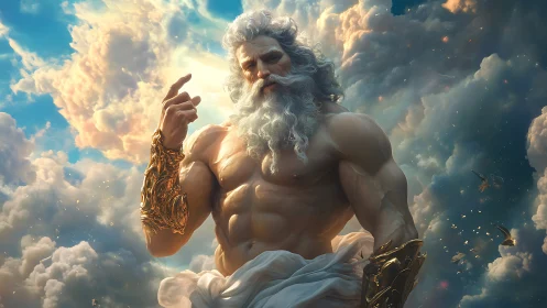 Mythic sky deity in heroic digital painting composition.