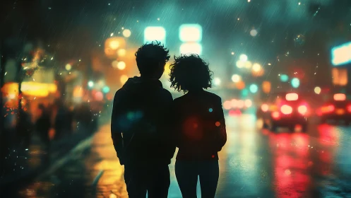 Two figures in rain with urban night lighting