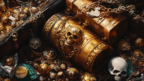 Golden pirate hoard with chained skull chest and treasure.