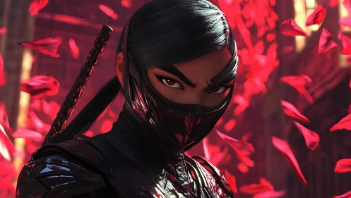 Masked kunoichi amid swirling crimson petals at dusk.