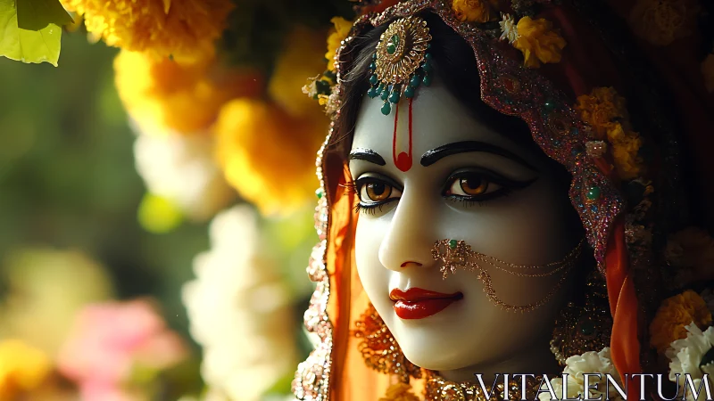 Divine-eyed goddess statue in marigold-splashed morning light.