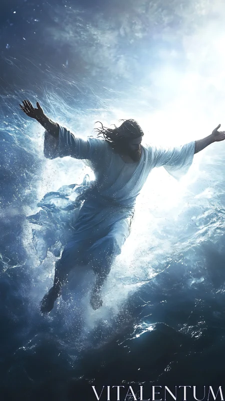 Radiant figure rising through luminous crashing waves.