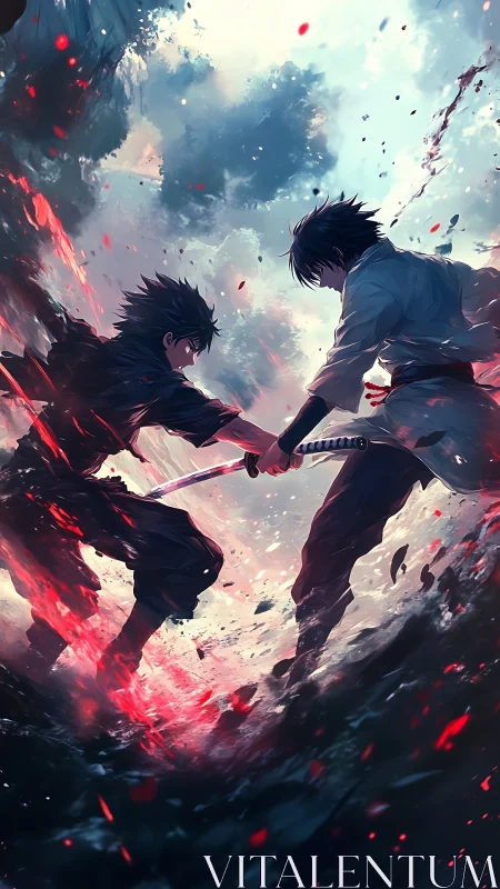 Samurai duel framed by storm-lit sky and scarlet embers.