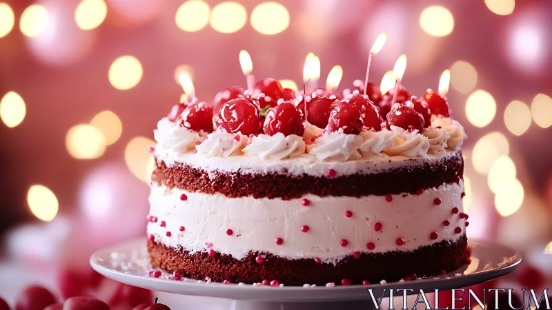 Layered Birthday Cake with Red Berries and Candles.