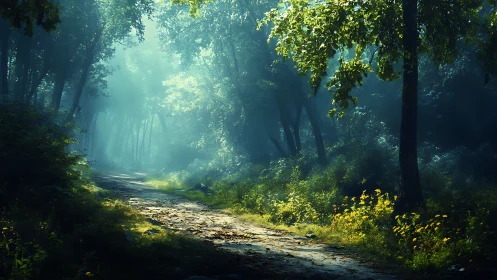 Luminescent Forest Pathway with Volumetric Light Rays Through Dense Canopy