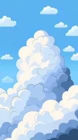 Billowing cartoon clouds rise playfully into a bright blue sky