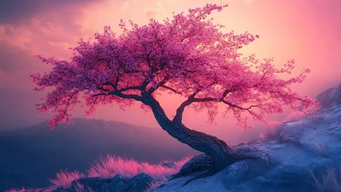 Blossoming dream tree leans into a neon twilight horizon