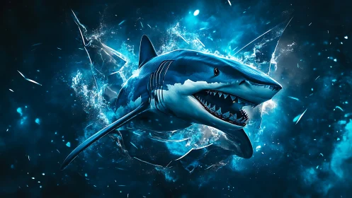Fierce shark bursting through glowing blue water scene.