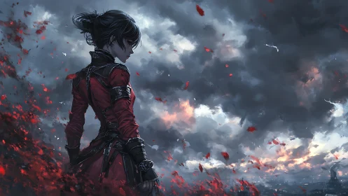 Warrior in crimson coat faces storm of burning petals.