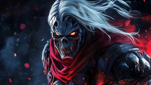 Flaming skull knight with flowing white hair in battle.