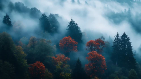 Misty Forest Autumn: Red Maple Trees in Fog.