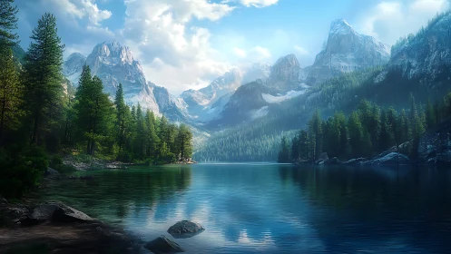 Mountain lake with evergreen forest and distant snowy peaks.