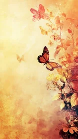 Soft sunset garden with drifting butterflies in golden air.